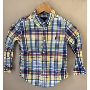 Ralph Lauren Boys Size 5 Blue Yellow Red Plaid Button Down Shirt Collared Long S